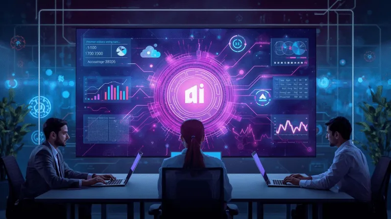 AI-powered accounting dashboard with team reviewing financial data